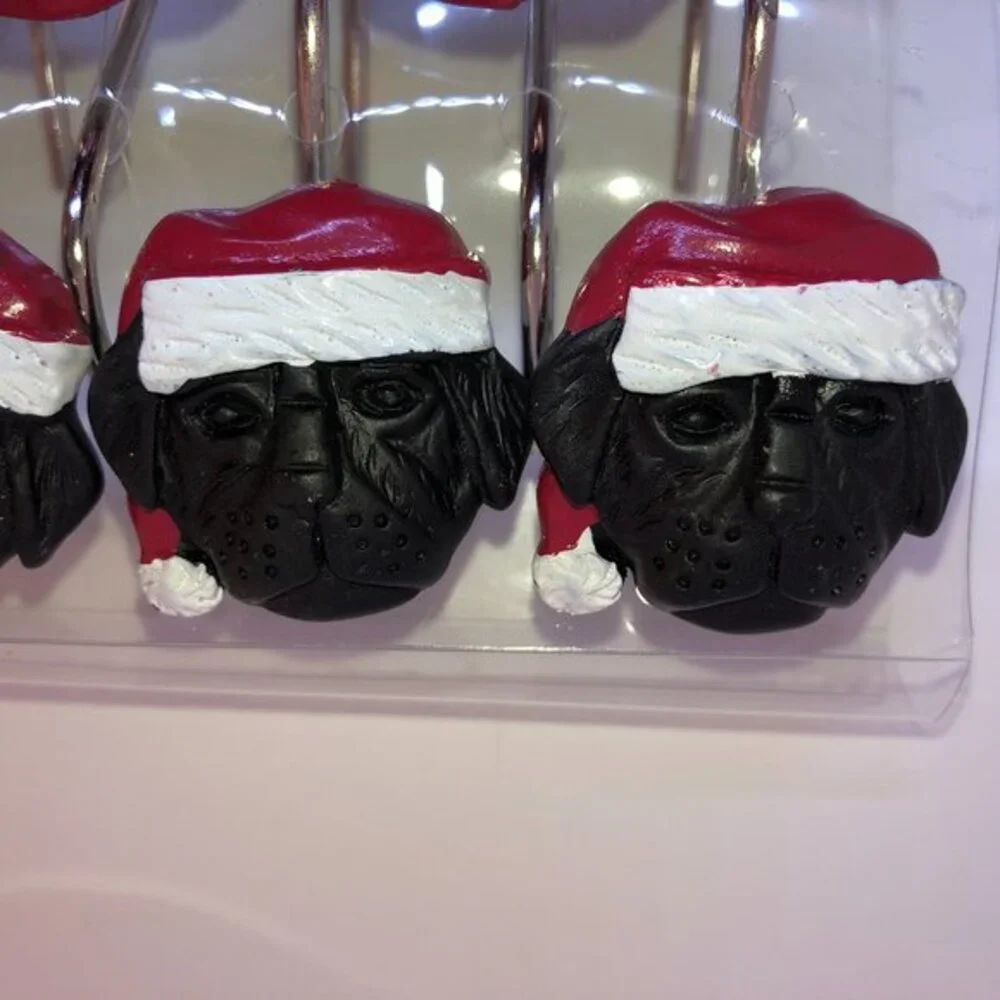 Christmas Shower Curtain Hooks w/Dogs Red Hats 12PC Set,‎ NWOT